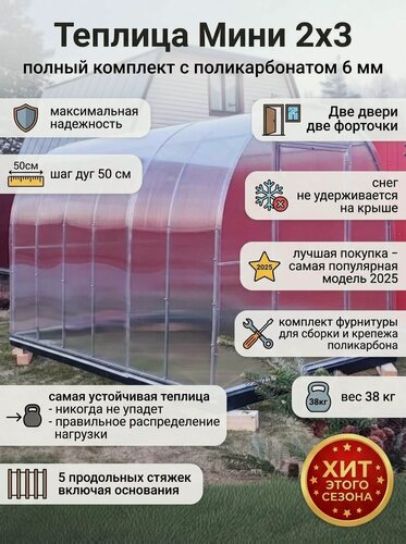 Изображение товара Мини Теплица 2х3 метра, каркас металлический с поликарбонатом 6 мм, шаг между дуг 0,5 метра с двумя дверьми и двумя форточками