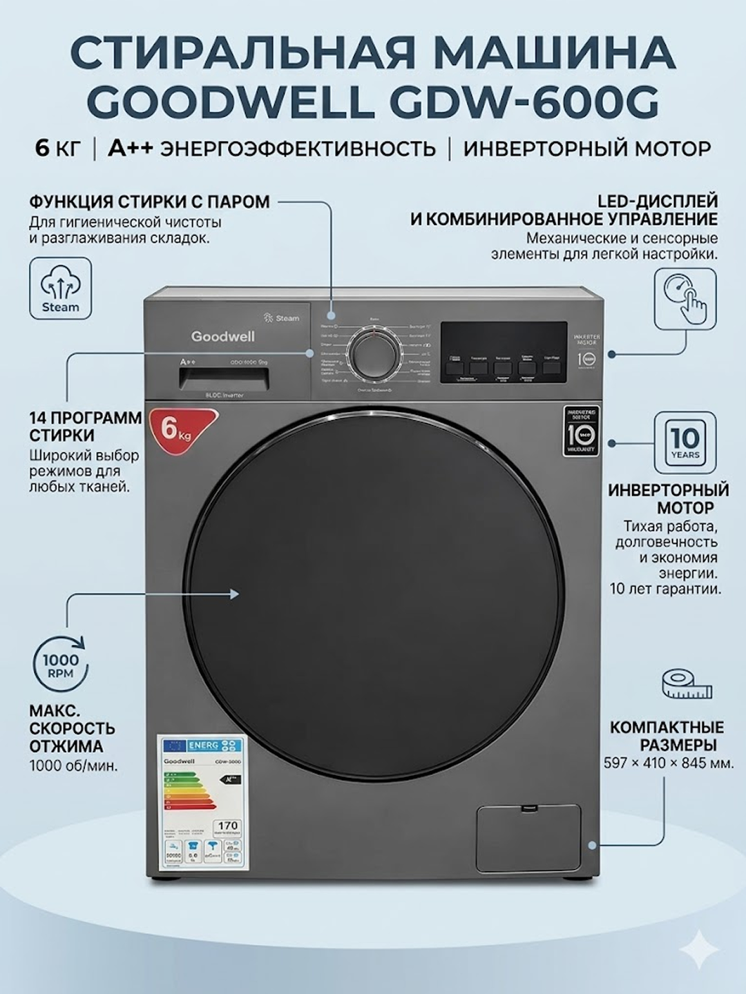 Стиральная машина Goodwell GDW-600G 6 кг, серый инверторным мотором 14 программ стирки энергоэффективности A++