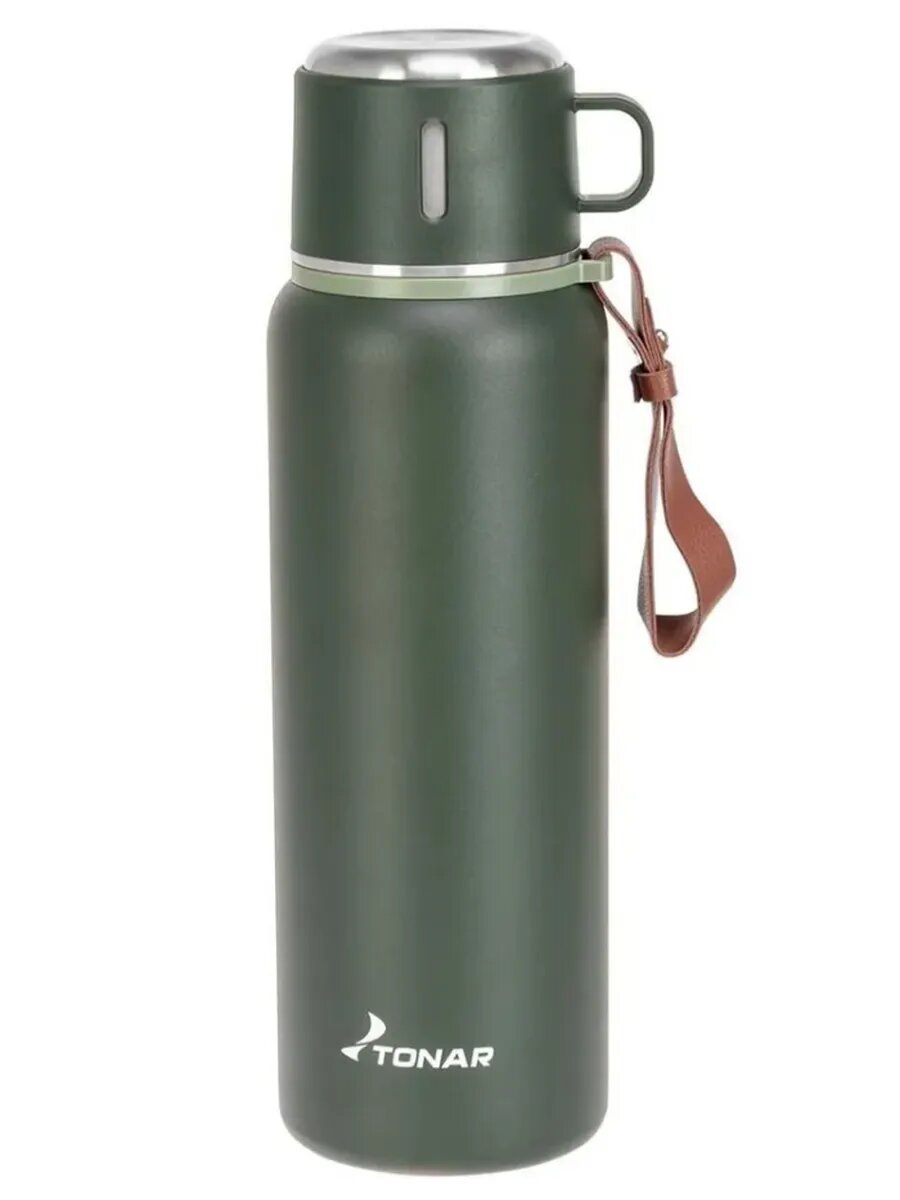 Термос тонар 700ML хаки, пробка-ситечко, крышка-кружка, ремешок