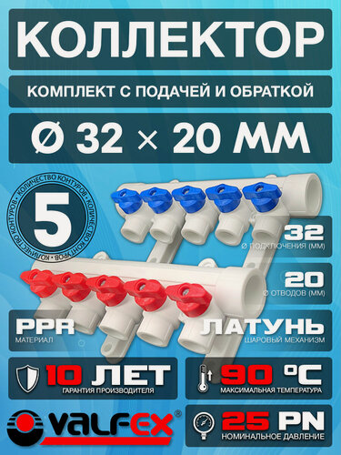 Изображение товара Коллектор 32х20 - 5 выходов полипропиленовый с красными и синими ручками для отсечных кранов + кронштейны PPR Valfex