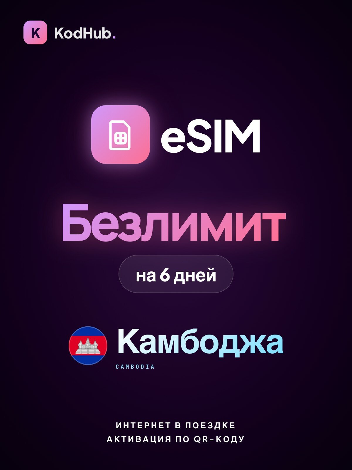 Туристическая eSIM Камбоджа безлимит (после 1 ГБ снижение скорости) на 6 дней | интернет в поездке | QR-код активации
