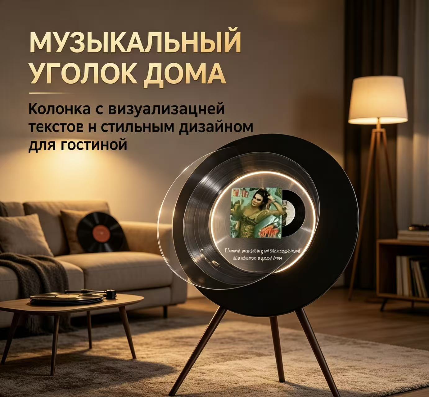 Портативный Bluetooth-динамик черный с виниловым дисплеем и деревянной подставкой, Автономная работа, Hi-Fi звук — фото 1