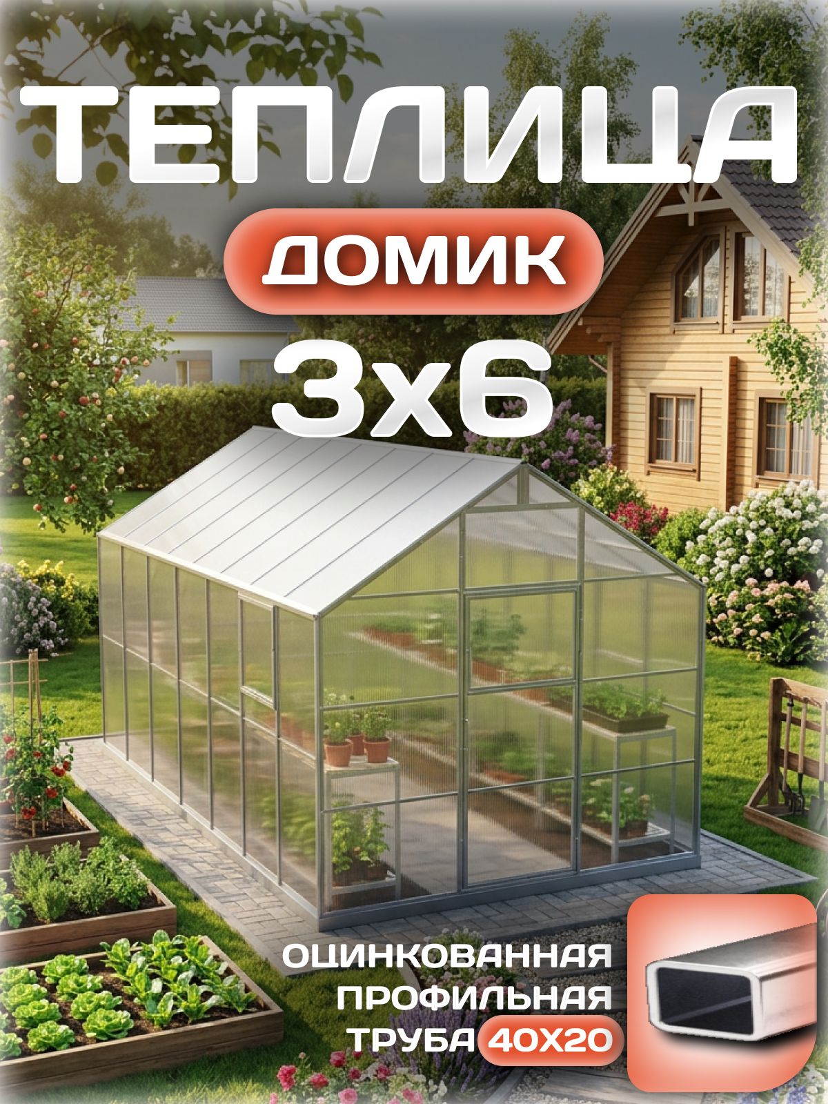 Теплица домик 3х6 м с поликарбонатом 6мм 1.25кг/м, оцинкованный профиль 40х20 мм
