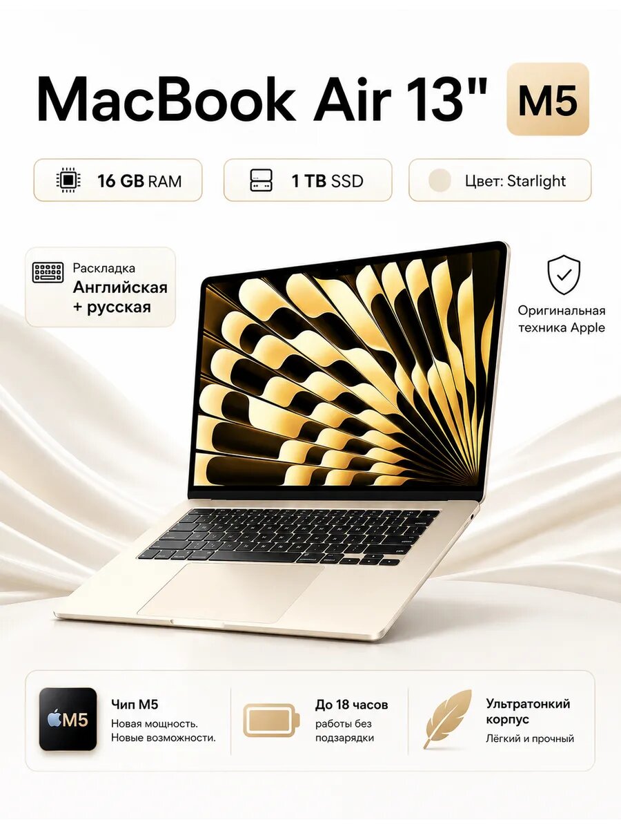 Ноутбук Apple MacBook Air 13 2026 M5 16GB/512GB MDHA4 Starlight
