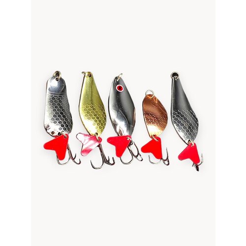 Блесна колебалка Атом 5шт в боксе для рыбалки, набор блесен на щуку, окуня, жереха, судака