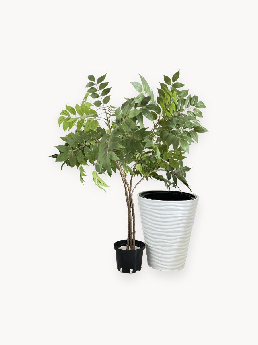 Искусственное дерево в напольном горшке кашпо, листья силикон.