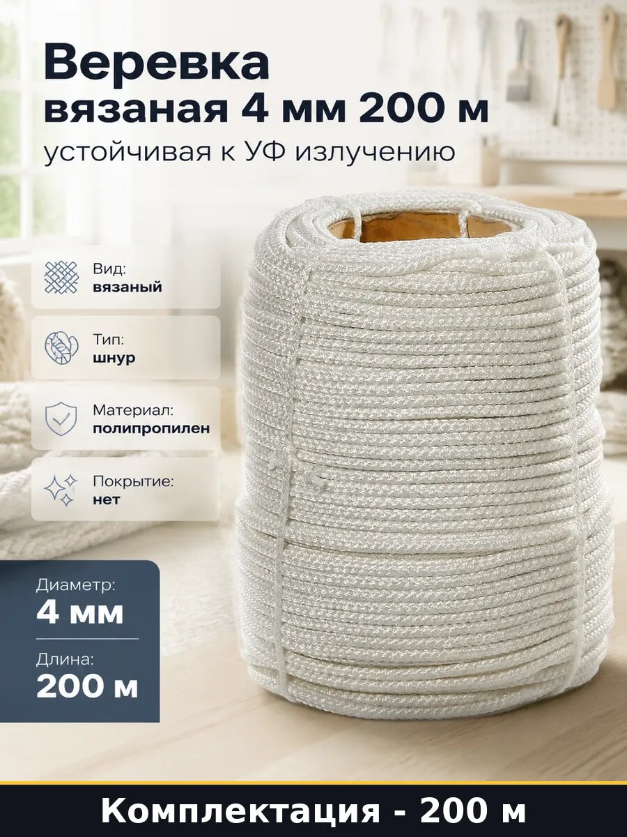 Веревка вязаная 4 мм 200 м устойчивая к УФ излучению
