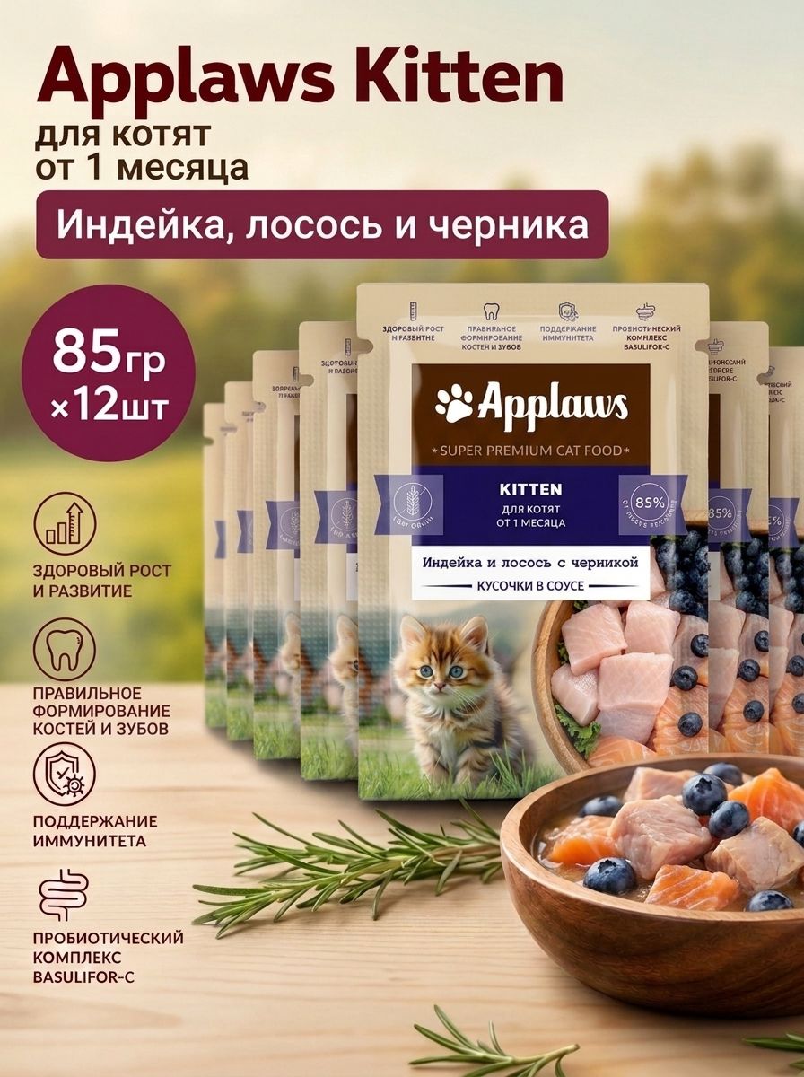 Applaws Kitten Индейка и лосось с черникой кусочки в соусе 85гр*12шт, влажный корм для котят от 1 месяца
