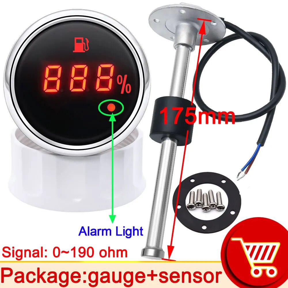 2 '52 мм морской лодка автомобиль цифровой датчик уровня топливного бака 0-190 Ω водонепроницаемый измеритель уровня топлива + датчик 125 мм 175 мм 200 мм 225 мм