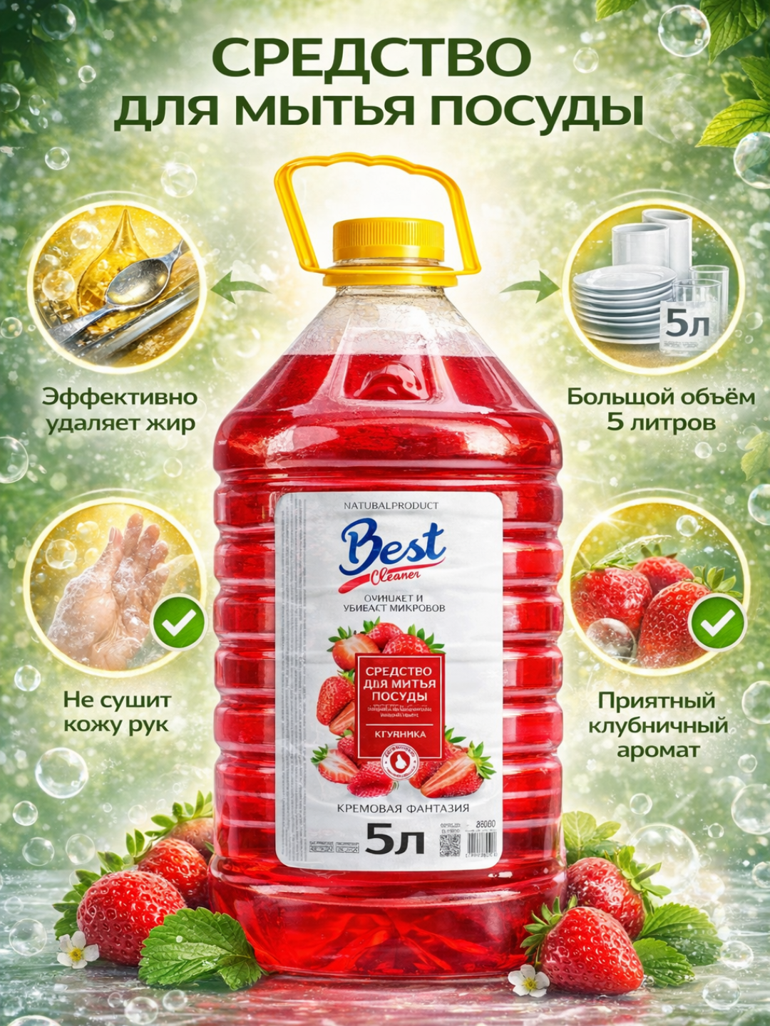 Средство для мытья посуды "Best Cleaner", Клубничный аромат, 5л