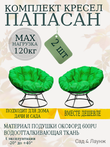 Изображение товара Комплект из 2 кресел Папасан для дачи, черные, с зелёными подушками (без ротанга)