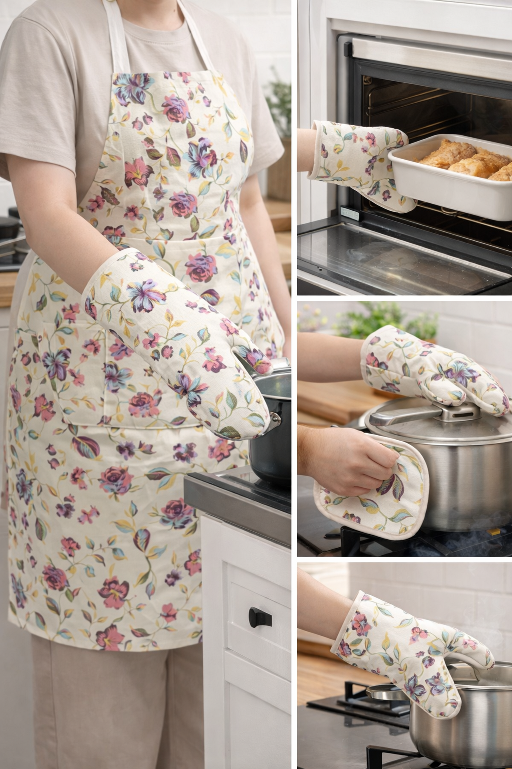 Кухонный набор текстиля 3 в 1: Фартук, варежка-прихватка и подставка под горячее (Цветочный принт)