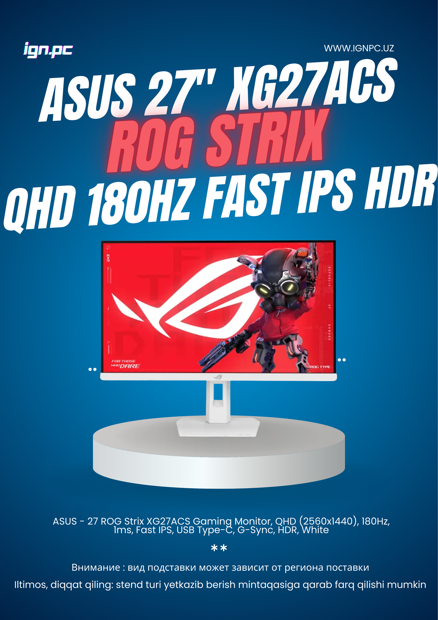 ASUS - 27 ROG Strix XG27ACS Gaming Monitor, QHD (2560x1440), 180Hz, 1ms, Fast IPS, USB Type-C, G-Sync, HDR, White