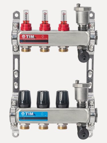 Изображение товара Коллекторная группа 3 контура с расходомерами 1" * 3/4" E, с дренажными кранами и воздухоотводчиками нерж. сталь, TIM, KCS5003