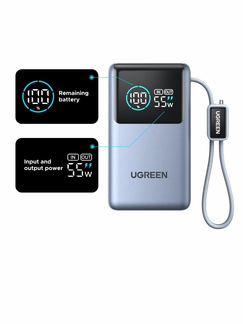 Аккумулятор внешний UGREEN PB727, встроенный кабель USB-C, 10000 мА·ч, мощность 55Вт, серый космос — фото 1