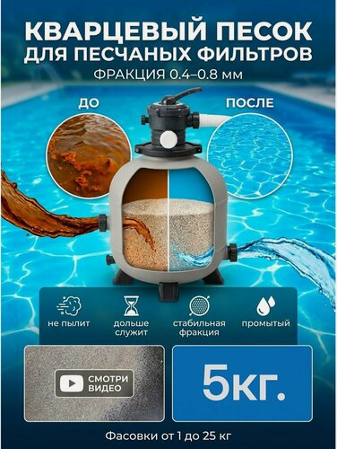 Изображение товара Кварцевый песок для фильтрации воды, 0,4-0,8мм (для бассейнов и фильтров, песочниц) 5кг