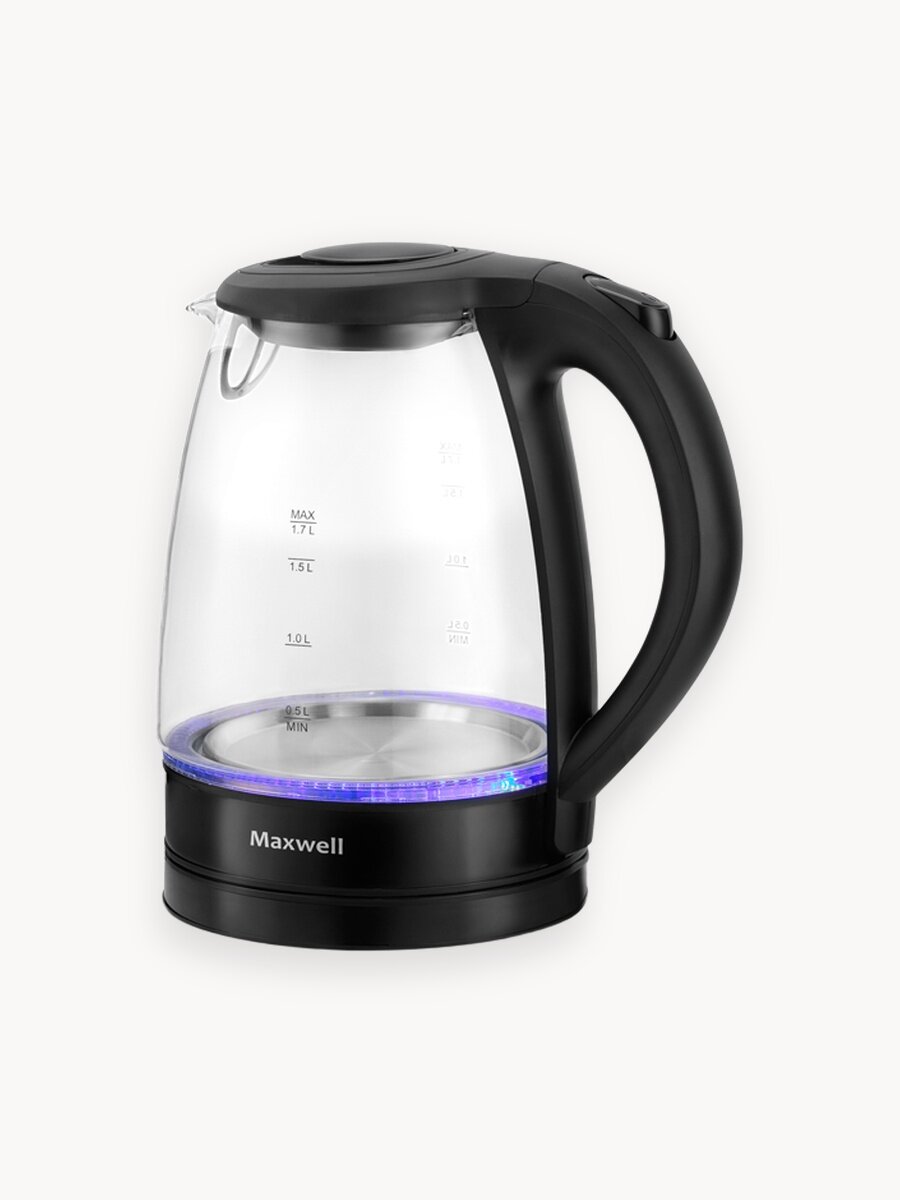 Электрический чайник Maxwell MW-1004, 2200W, прозрачный, черный, пластик, стекло, 1.7 л