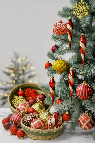 Изображение товара Набор пластиковых ёлочных шаров и украшений карнавальная ночь, красный с золотым, 5/8/16 см, 50 шт, Winter Deco 2000299