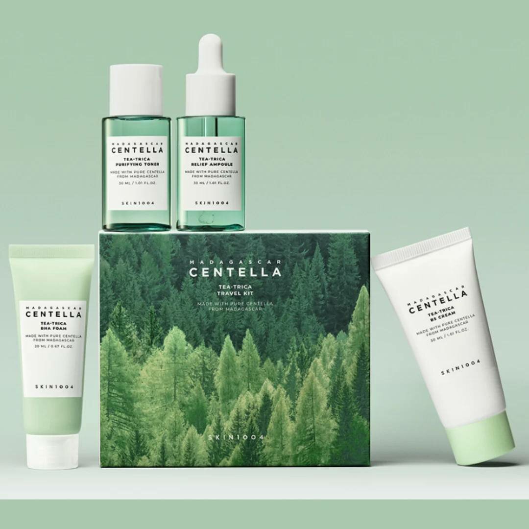 Набор миниатюр Skin1004 Madagascar Centella Tea-Trica Travel Kit для проблемной кожи, 4 средства по 20-30 мл