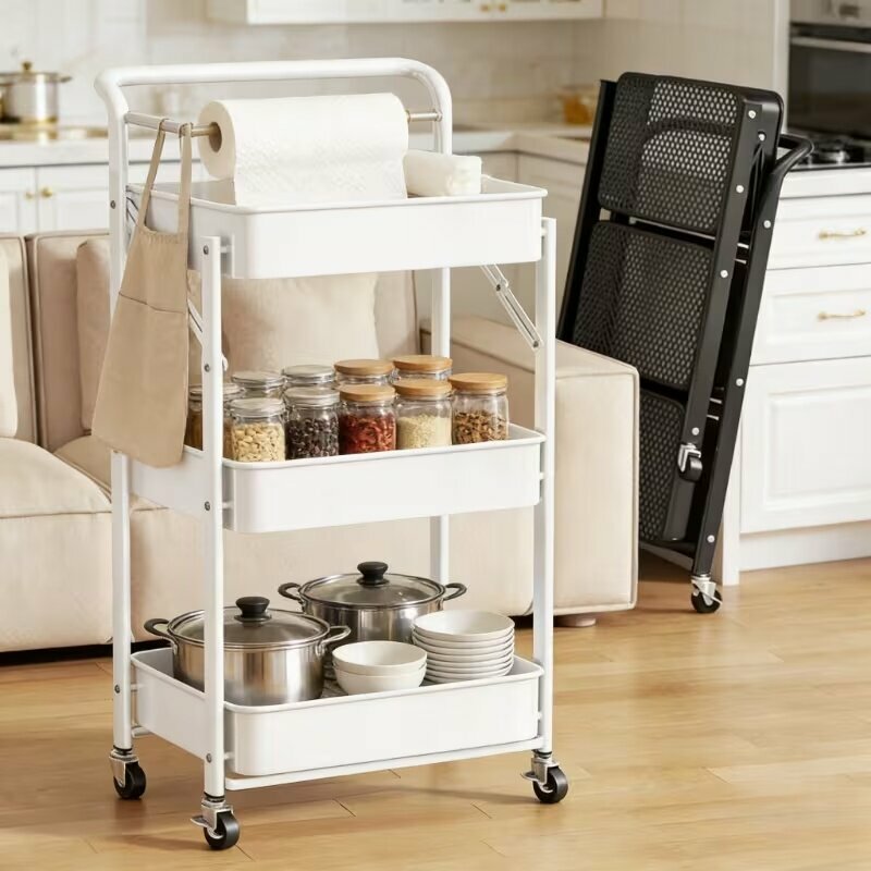 Полка-стеллаж, напольная, металлическая, складная на колесах, для дома, кухни 3 этаж