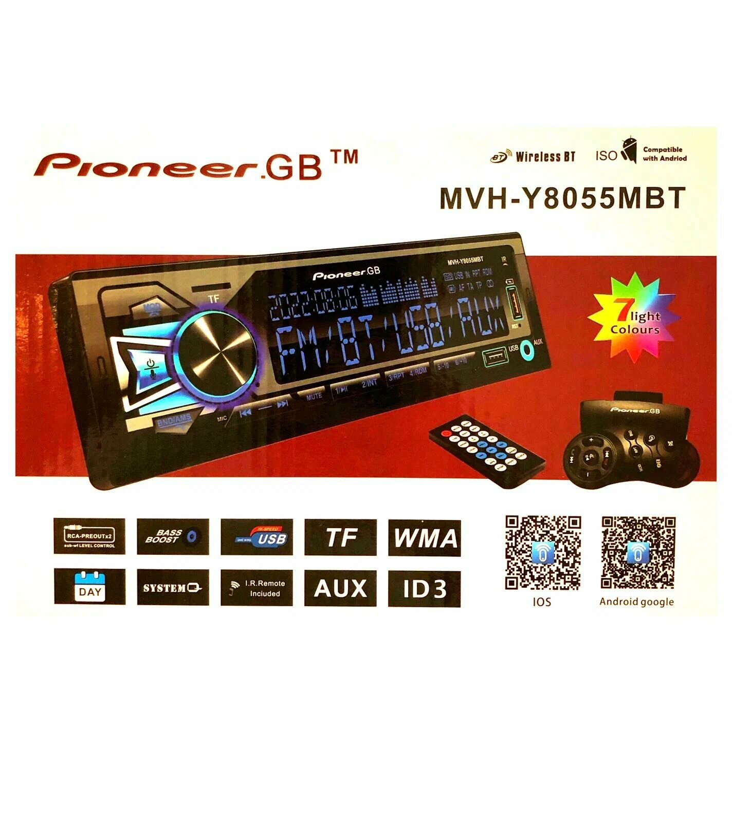 Магнитола Pioneer "GB" Y8055MBT, 1DIN, беспроводная связь Bluetooth, 7-цветная подсветка