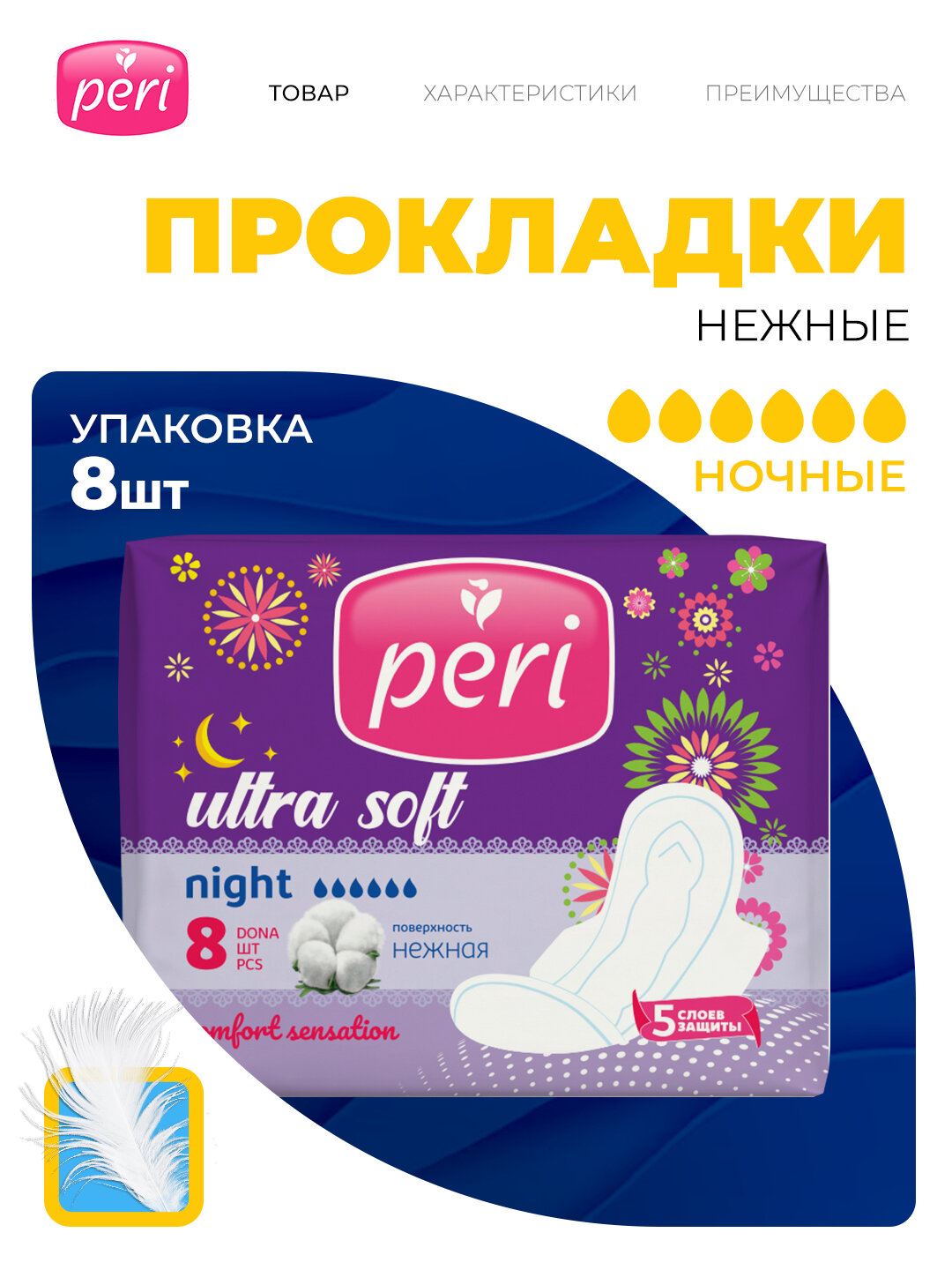 Прокладки женские Peri "Ultra Night Soft", 6 капель, впитывающие, ночные, 8шт