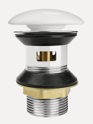 Изображение товара Донный клапан (выпуск) для раковины 1.1/4", клик-клак с переливом (белая керамическая крышка)