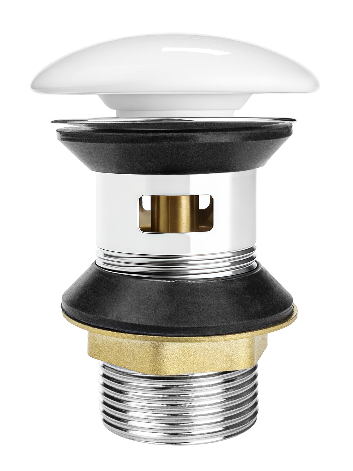 Донный клапан (выпуск) для раковины 1.1/4", клик-клак с переливом (белая керамическая крышка)