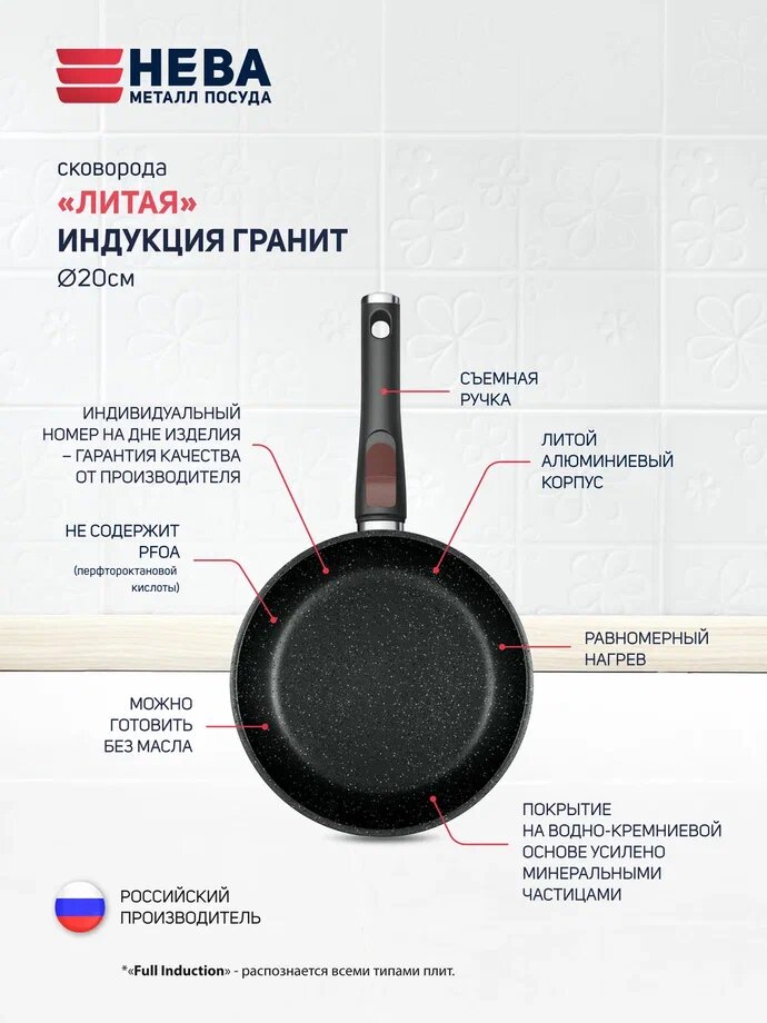 Сковорода 20 см с антипригарным покрытием, со съемной ручкой Нева Металл Посуда "Индукция Гранит" — фото 1