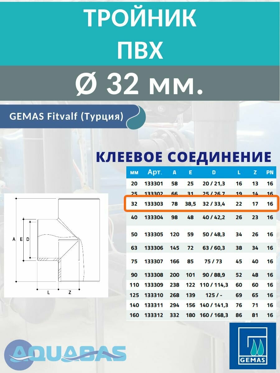 Тройник 90 ПВХ D32 Gemas, 3 шт, клеевое соединение — фото 1