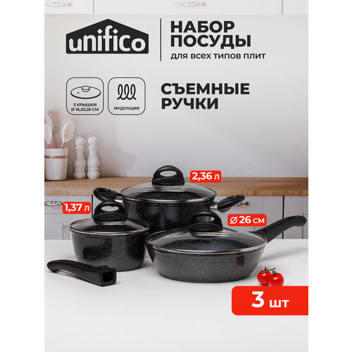 фото Набор посуды для приготовления с крышками для индукционной плиты unifico vigoroso nero (сковорода, ковш кухонный, кастрюля)
