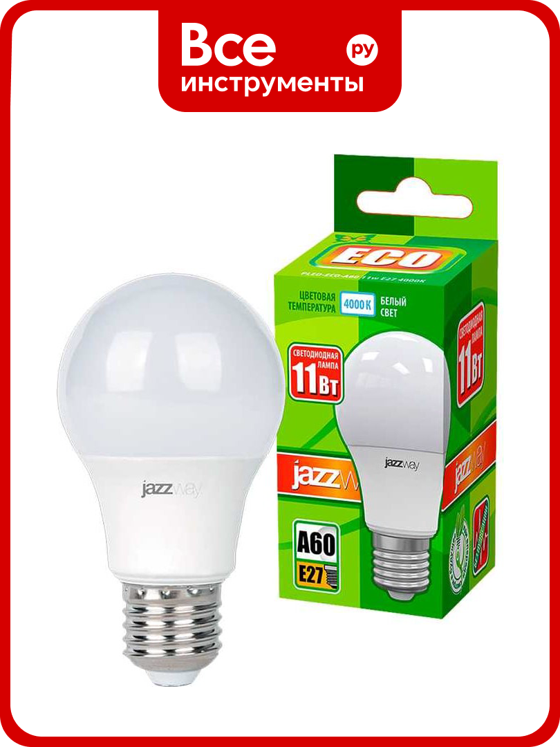 Светодиодная лампа Jazzway PLED-ECO 11Вт A60 грушевидная 4000К нейтральный белый E27 840лм 230В/50Гц 1033215