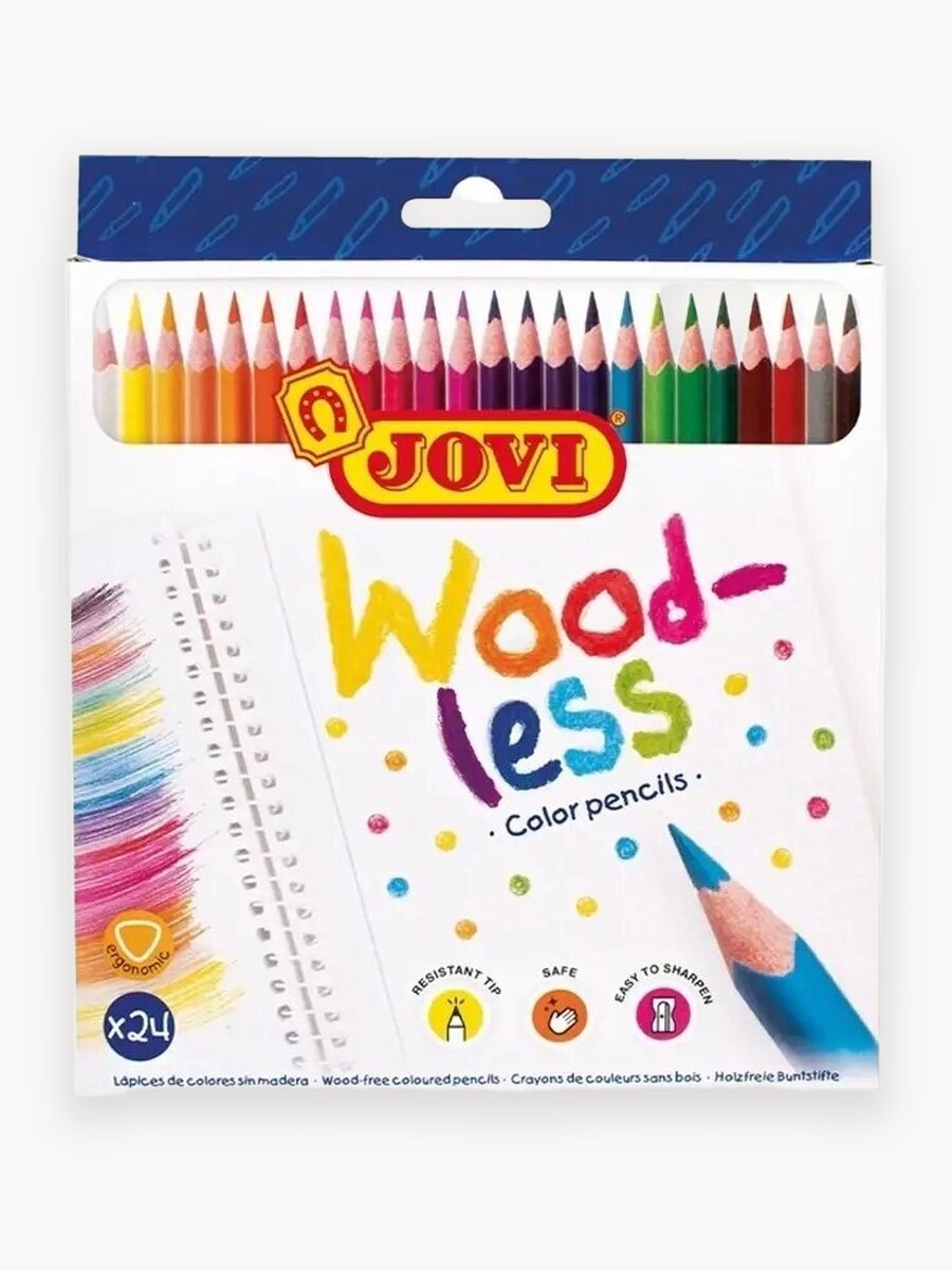 Набор цветных карандашей JOVI Wood-Less, 24 цвета, трехгранный корпус, картонная упаковка