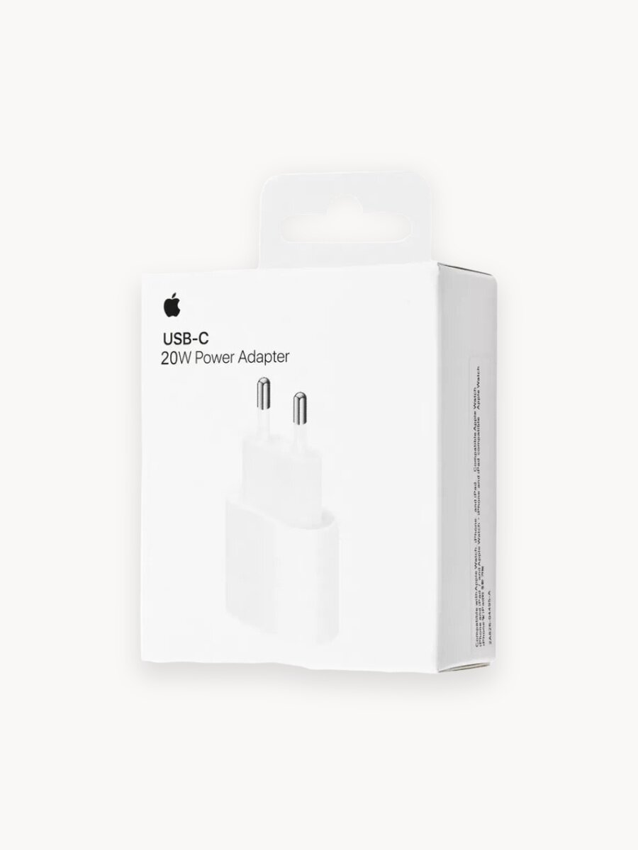 Зарядка Type-C Apple 20w (MHJE3/MD3J4/MUVV3), Для телефона, Быстрая зарядка, Выходной ток 2.2 А, Выходной коннектор USB Type-C, Защита от перегрузки по току, Белый
