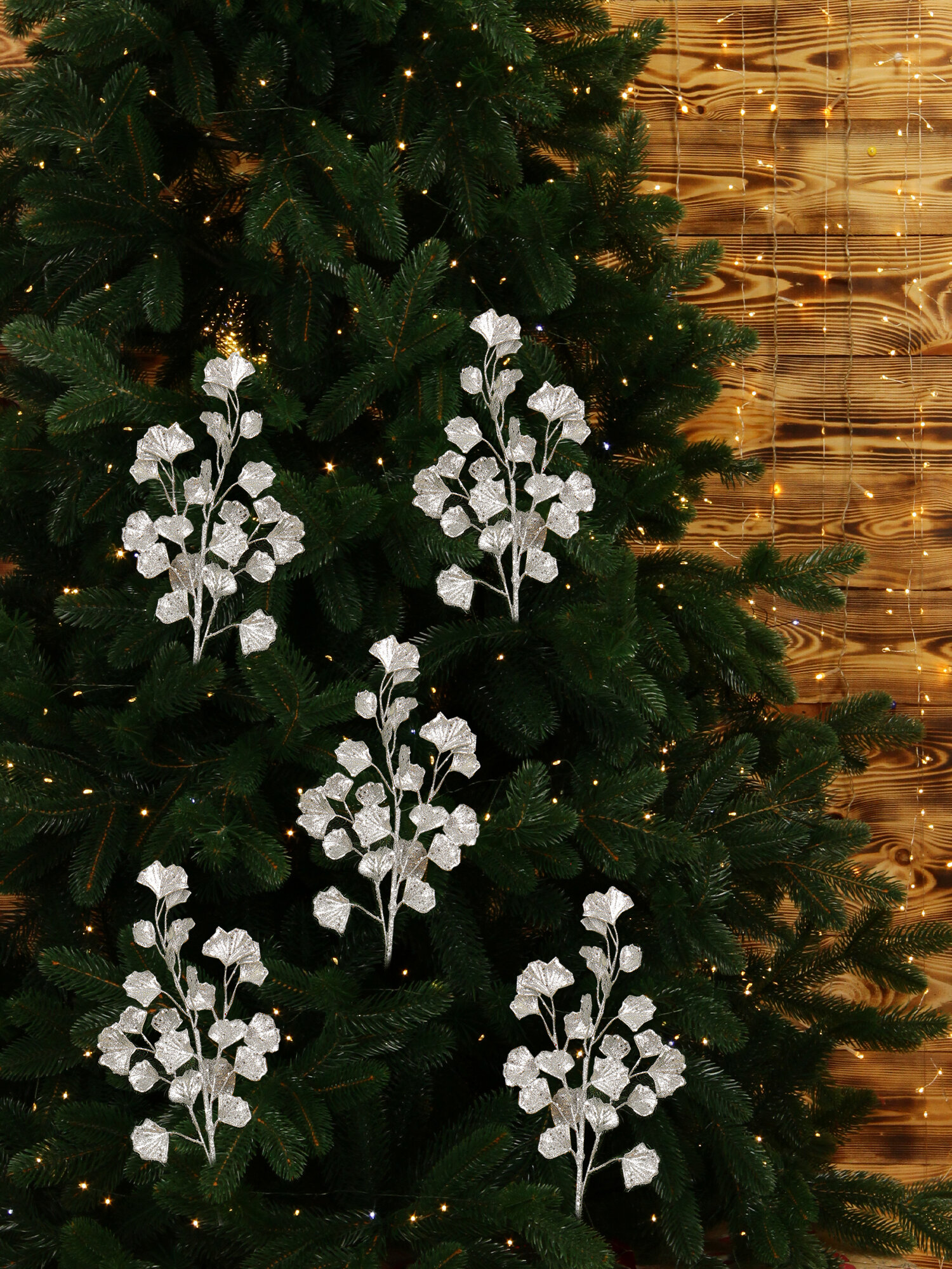 Новогоднее украшение ветка на елку 70х20 см, 5 шт, серебристая