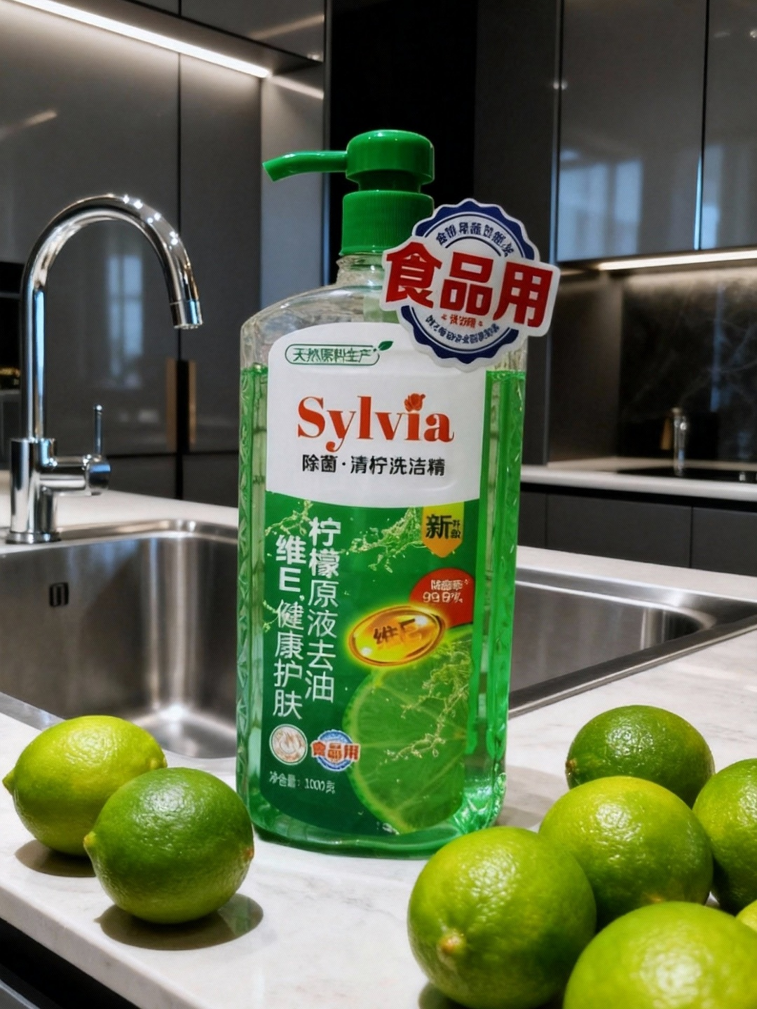 Средство для мытья посуды Sylvia 1L, с удобной помпой, для посуды, фруктов и овощей — фото 1