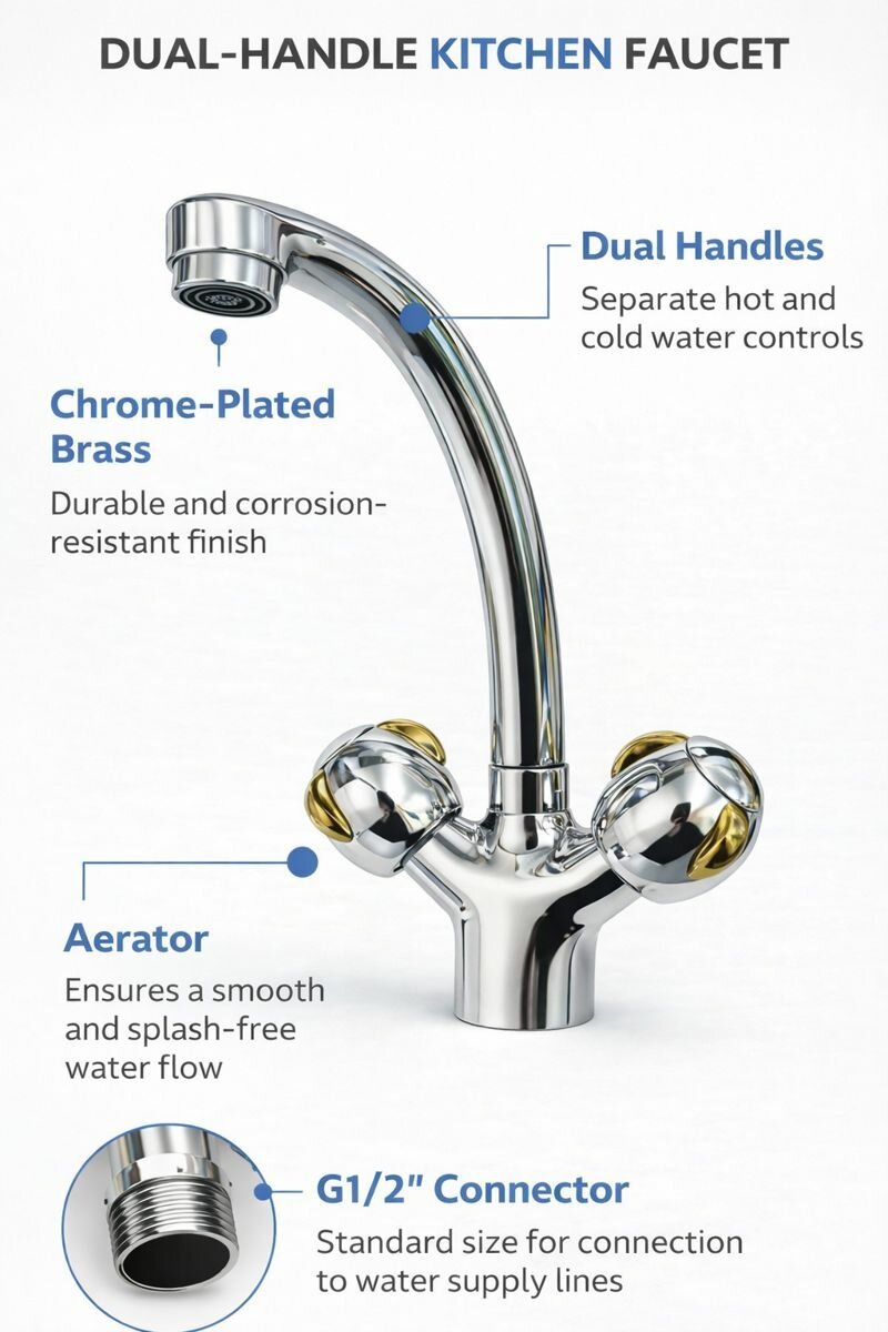 Смеситель кухонный OEM, двухвентильный, для мойки, алюминий, высота излива 30 см — фото 1