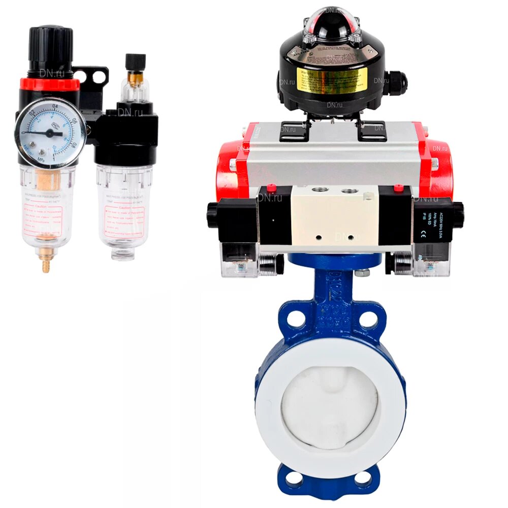 Затвор дисковый поворотный DN.ru WCB-WCB-PTFE-PTFE-Fb-R Ду150 Ру16 корпус углеродистая сталь WCB, диск углеродистая сталь WCB, футерованный PTFE, уплотнение PTFE, с пневмоприводом DA-105, пневмораспределителем PND1-S2EM T10-220VAC, БКВ LSB-510-02Ex и БПВ