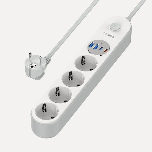 Изображение товара Сетевой фильтр LDNIO SE1-C, 4 евророзетки + 4 USB (USB-C 20W), мощность 2500 Вт, компактный корпус