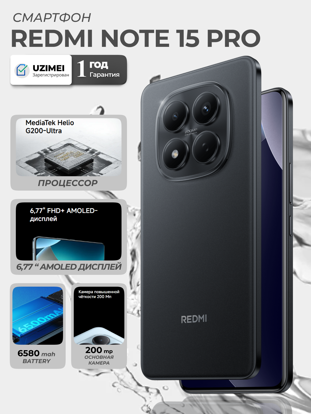 Смартфон Redmi Note 15 Pro 4G, 200 MP + 32 MP камера, 6500 мАч 45 Вт, 120 Гц, IP64