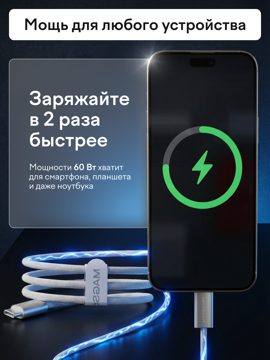 Нейлоновый кабель type-c с быстрой зарядкой 60 W 1.5м — фото 1