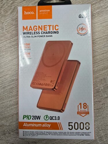 Изображение товара Внешний магнитный беспроводной аккумулятор Hoco Joy Alluminium, 5000 mAh, Qi15W/PD20W, Orange Solar