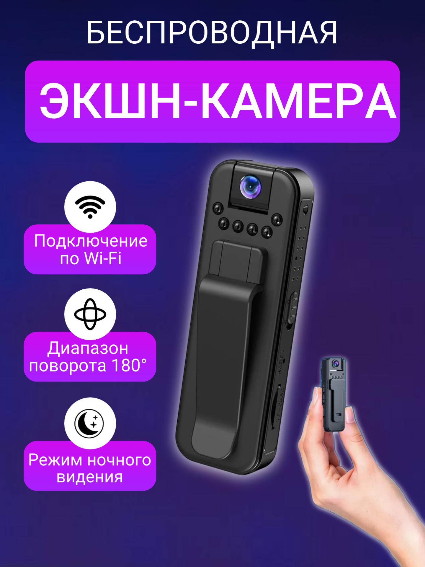 Экшн камера видеонаблюдения, мини-камера для скрытого наблюдения, 1080P с Wi-Fi, черная