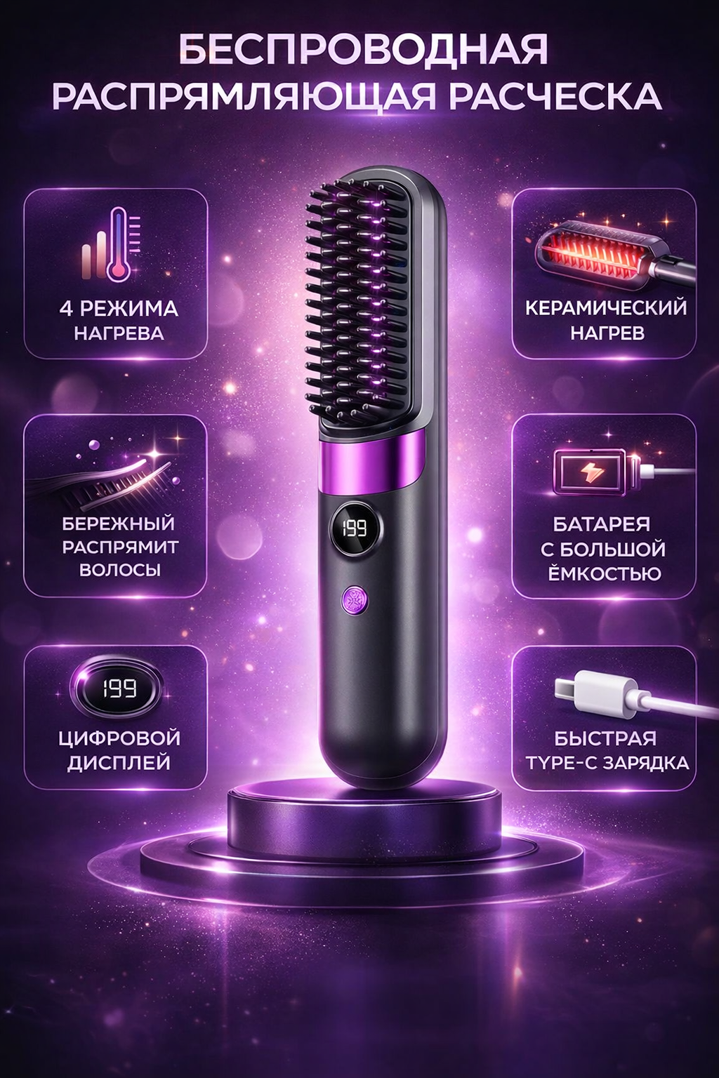 Расчёска-стайлер, беспроводная, для выпрямления волос, 4 температурных режима, с ионизацией, Type-C