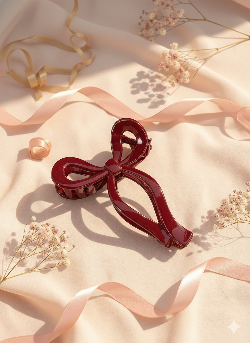 Бант и заколка-крабик для волос в форме сердца. В нежном бордовом и классическом чёрном цветах. Размер — 11 см.