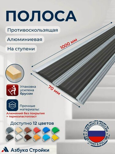 Изображение товара Полоса противоскользящая алюминиевая накладка на ступени с двумя вставками 70мм, 1м, черный