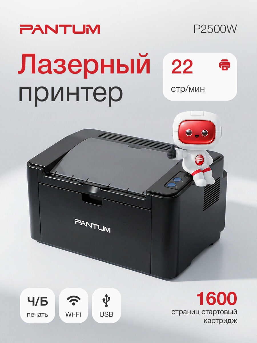 Принтер лазерный Pantum P2500W, черно-белая печать, A4, Wi-Fi, цвет черный (P2500W)