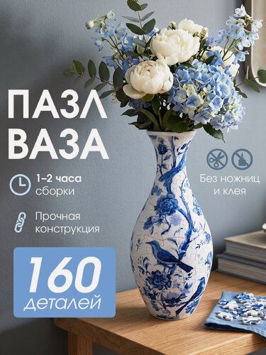 Изображение товара 3D ваза-пазл, пазл в форме вазы для интерьера со стаканом для воды, бело-голубой