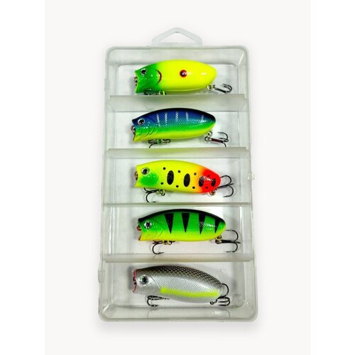 Шумовые воблеры Osprey в кейсе, поппер 5 шт, 58 мм, 9,5 гр. /на щуку/на окуня/на хищника.