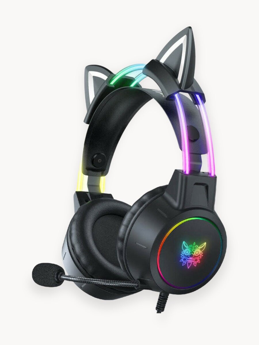 Игровые наушники ONIKUMA X15 pro Black Star черные с кошачьими ушками и подсветкой